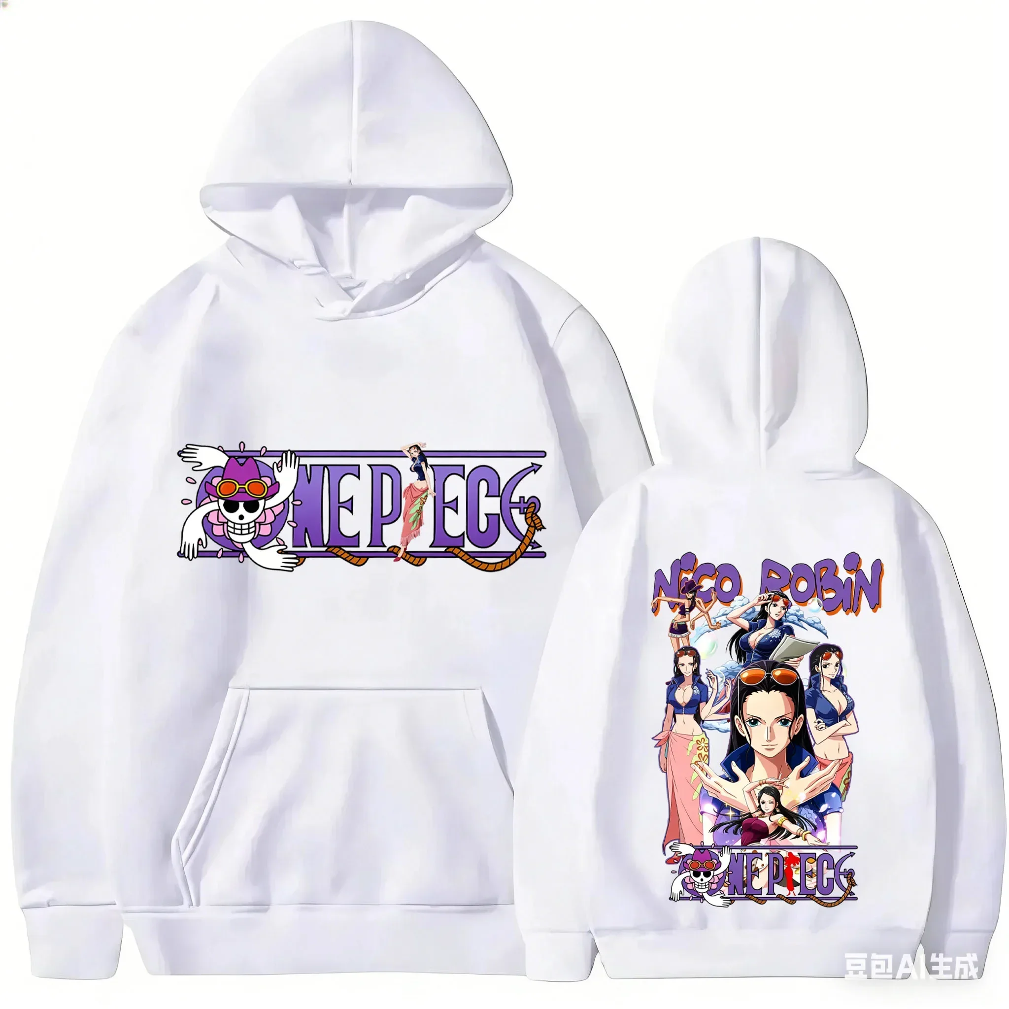 Anime One Piece Nico Robin Two Sides Print Hoodie, Unisex Character Logo Pullover, Loose Long Sleeve Street Sweatshirt