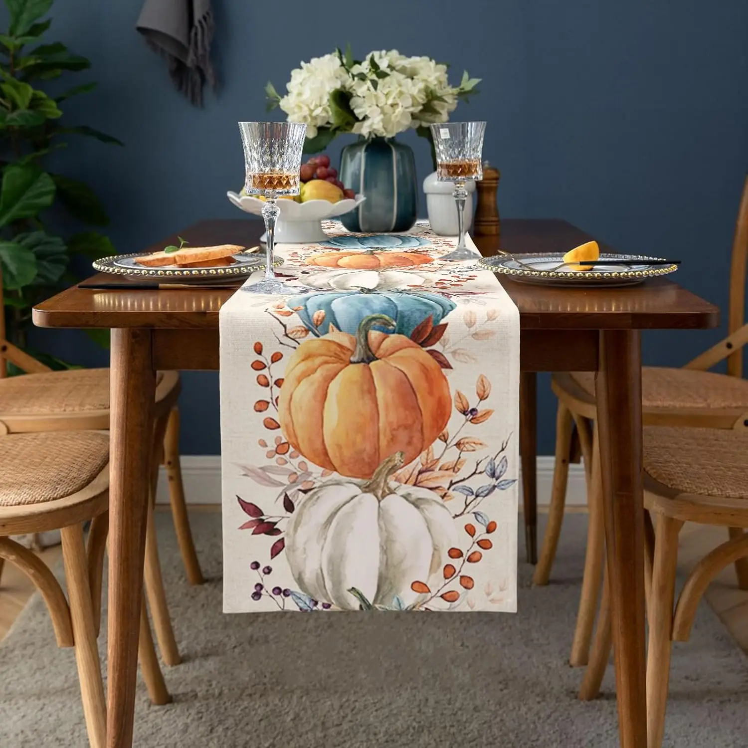 Fall Thanksgiving Colorful Pumpkins Eucalyptus Leaves Linen Table Runners Autumn Dresser Scarf Holiday Wedding Party Table Decor