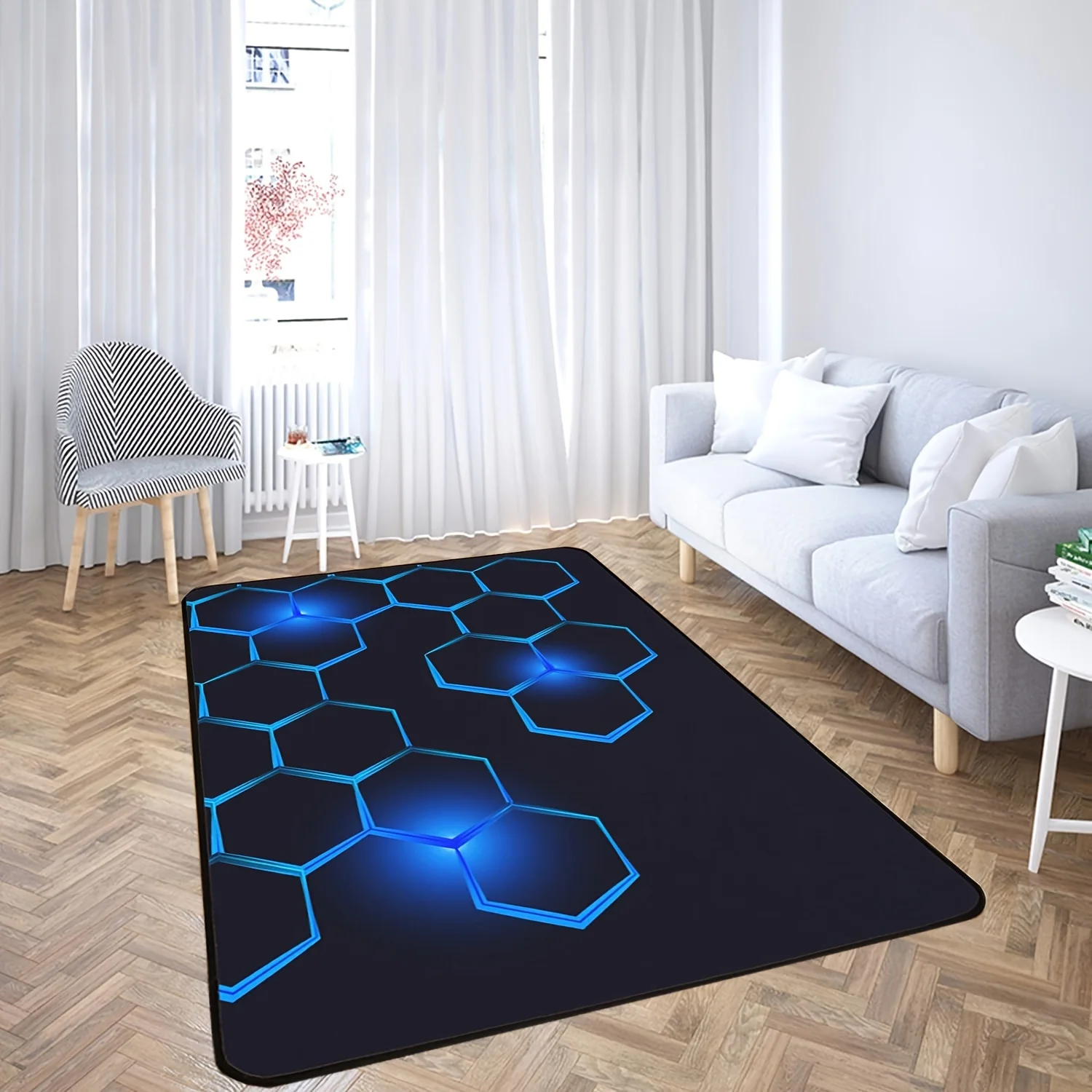 2D Flat Blue Glowing Hexagon Honeycomb Black Background Flannel Area Rug Non Slip Tech Gamer Carpet For Living Room Gaming Room
