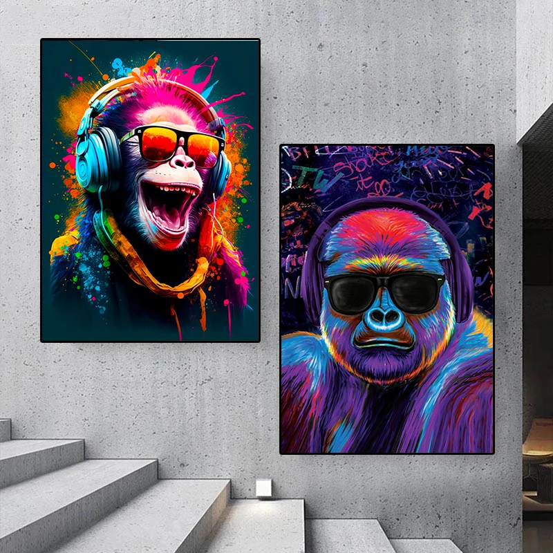 

Monkey Wearing Headphones Graffiti Street Pop Art Poster and Prints Wall Art Canvas Painting Wall Picture for Home Room Decor