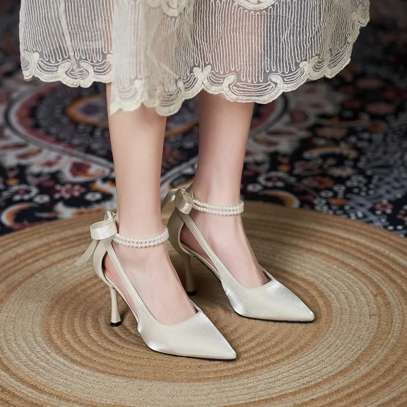 

30-44, новинка 2025, женская обувь на остром тонком каблуке, женские свадебные туфли большого размера на высоком каблуке с пряжкой и жемчугом