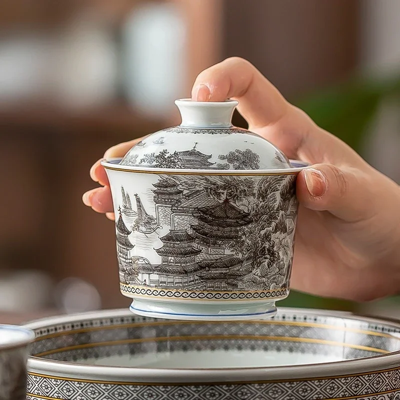 Jingdezhen Ceramic Landscape Pavilion Map Cover Bowl Chinese High-end Home Master Cup Pot Bearing Kung Fu TeaSet Gift Collection