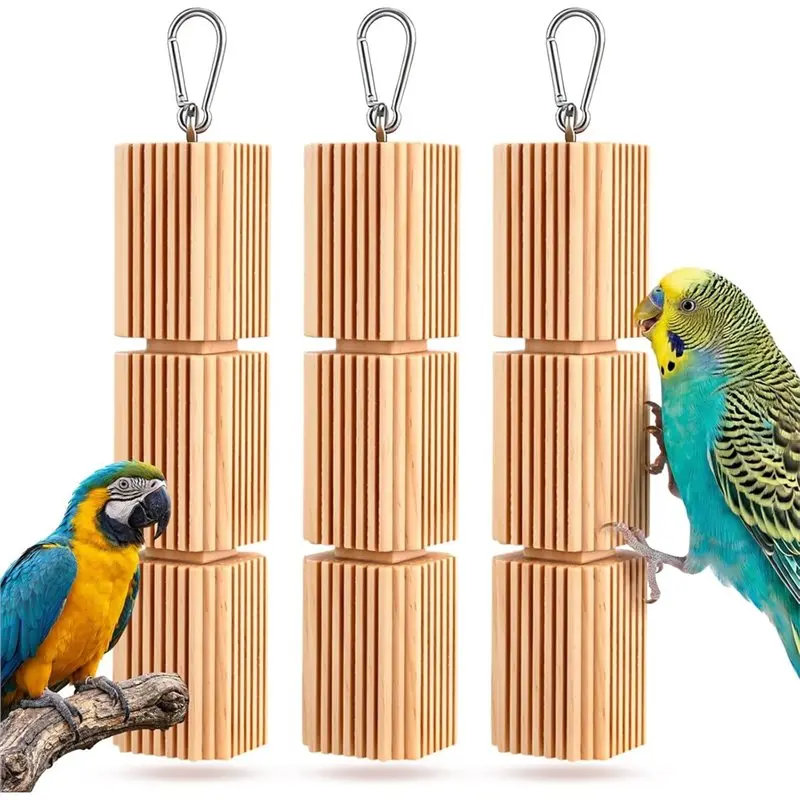 

ABMR-Foraging 3 Pcs Large Hanging Bird For Parrot 9 Inch Natural Wooden Beak Grinding Blocks Chew