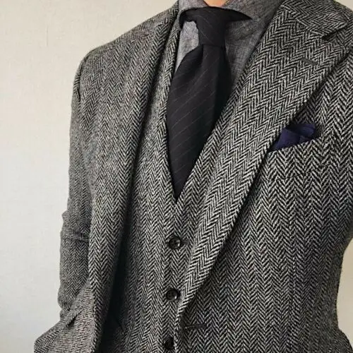 

Custom Made Groom Vintage Men's Wool Suit Slim Fit Herringbone Tuxedo Wedding Prom Groomsman Jacket and Vest