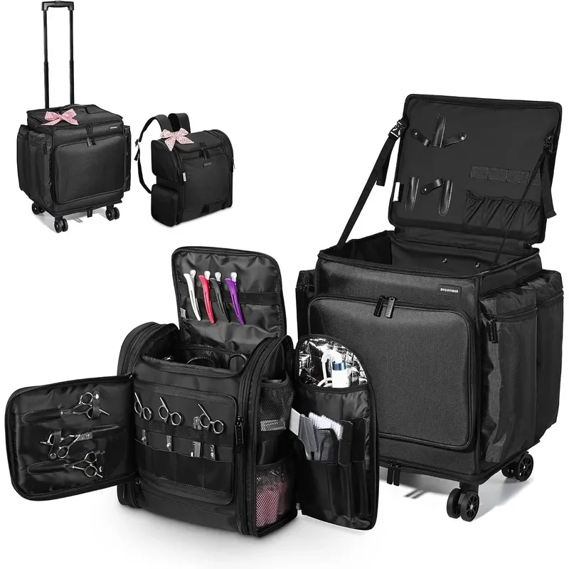 Soft Sided Rolling Makeup Train Case Travel Backpack Hairstylist