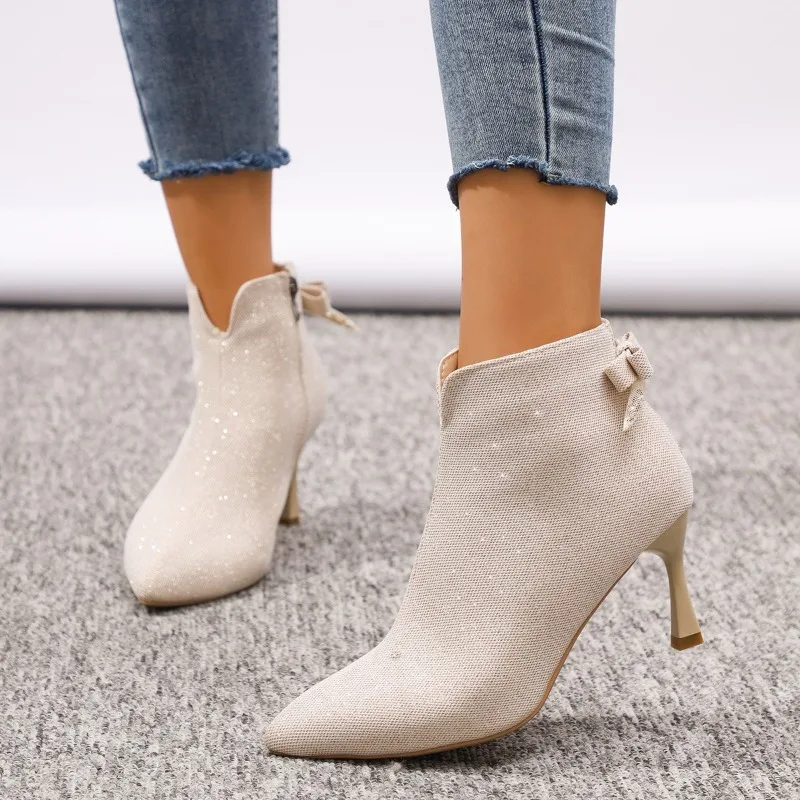 Shiny Fabric Stiletto Booties Fashion Pointed Toe Zip Bow Non-Slip Pumps