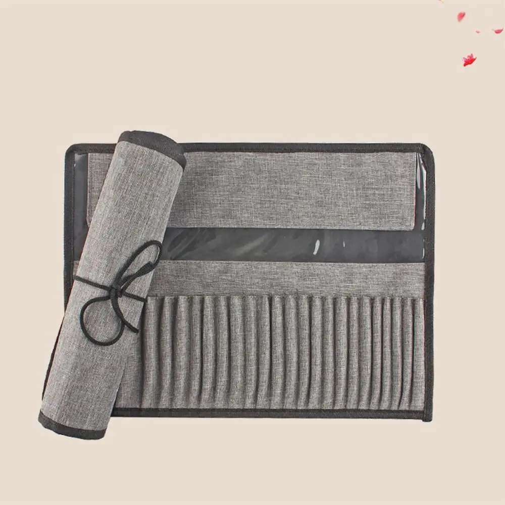 Canvas Painting Brush Storage Pouch Grey 24 Holes Roll Up Pen Bag Waterproof Sketching Pencil Holder Painting Brush Storage