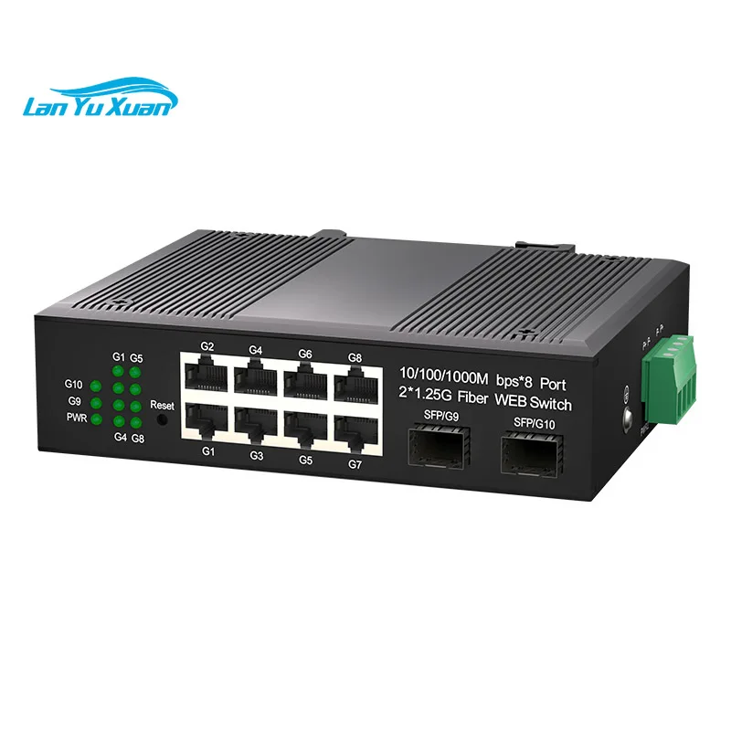 Industrial 1.25G 2 SFP 8 RJ45 Ports Din-rail Ethernet Media Converter OLT Gigabit Managed Fiber Switch