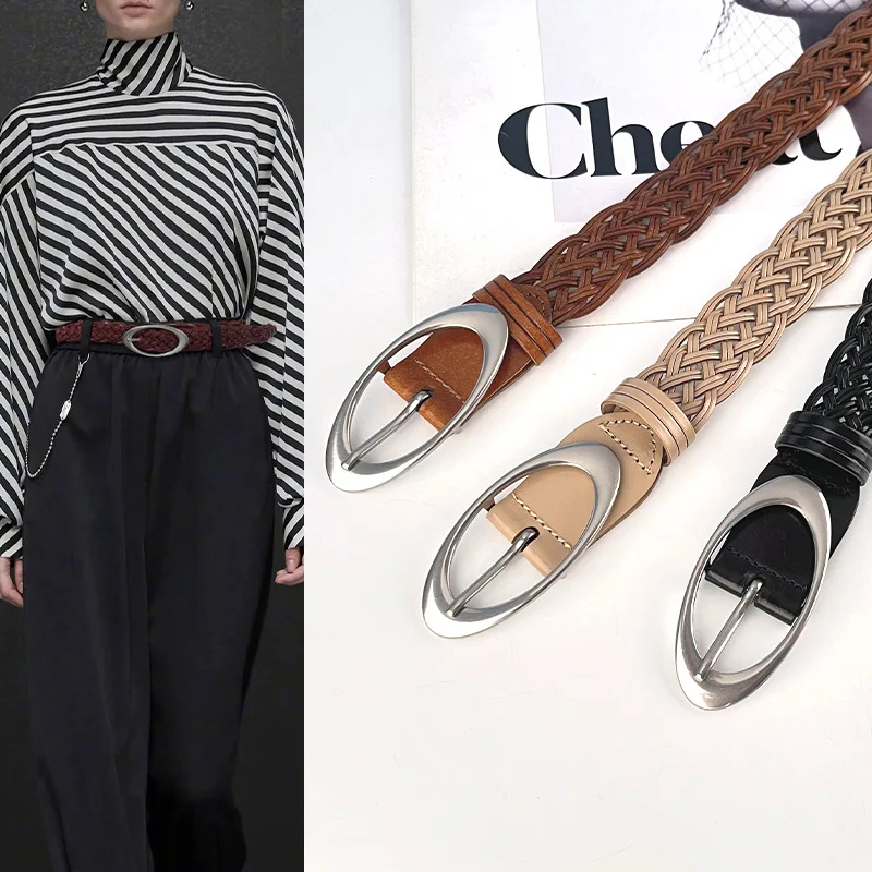 

Hand-woven vintage women's belt with slacks, jeans, short skirt, women's no-punch pinbuckle belt
