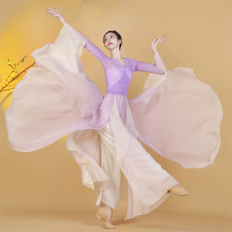 

Adult classical dance costume,Chinese dance body rhythm,gauze dress,practice suit, top, pants and skirt, performance costume set