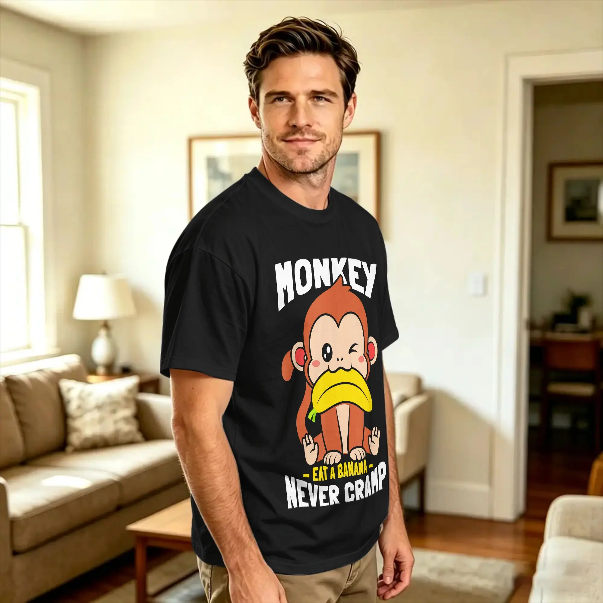 Monkey Eating Banana Never Cramp T-Shirt Summer  Cotton T-Shirts For Male Custom Logo Tee Shirt Short Sleeves Classic Clothes