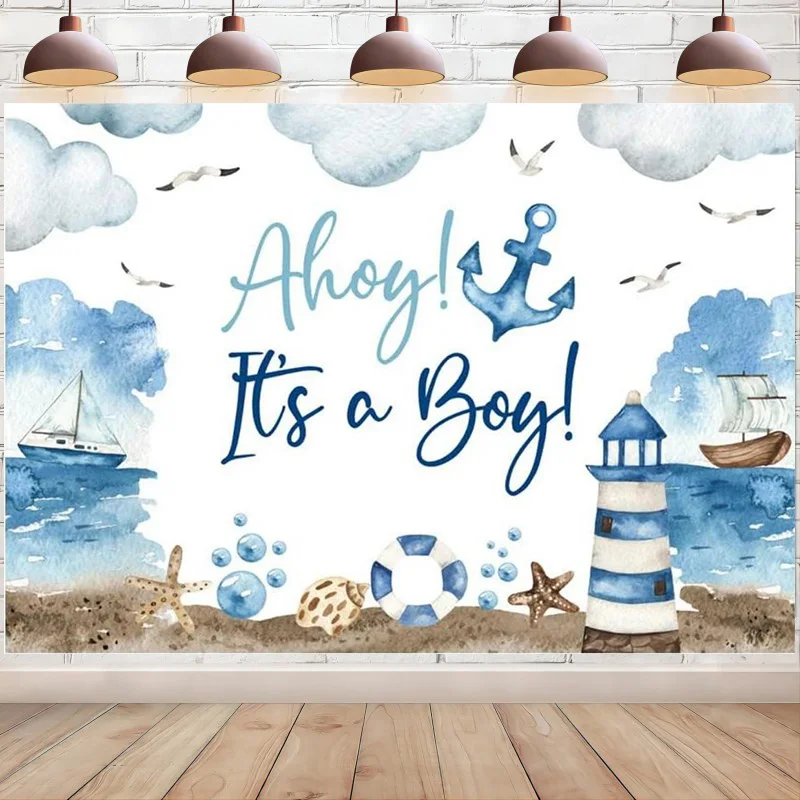 Nautical Baby Shower Backdrop It's a Boy White Clouds Blue Marine Sea Lighthouse Ship Background Party Decoration Photo Booth