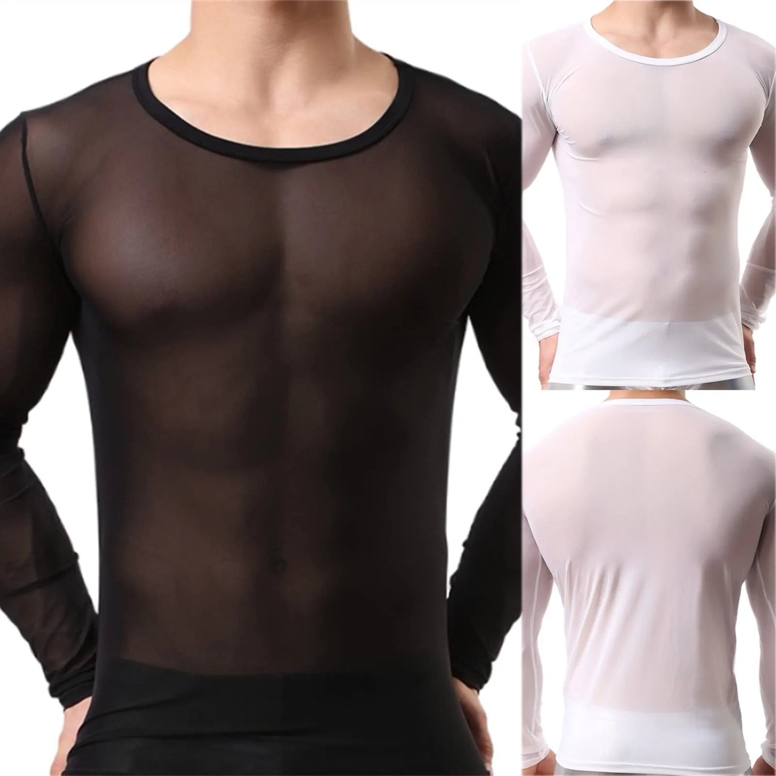 Mens Undershirt Gay clothing Nylon Mesh Shirt See Through Sheer Long Sleeves T Shirts Sexy transparent shirt Underwear Tshirts