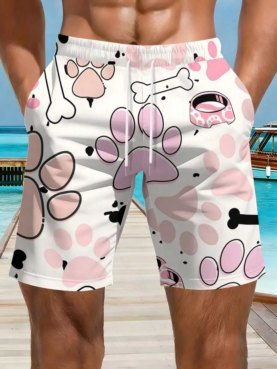 

Mens 3D Dog Paw And Bone Print Beach Shorts Casual Summer Outdoor Wear