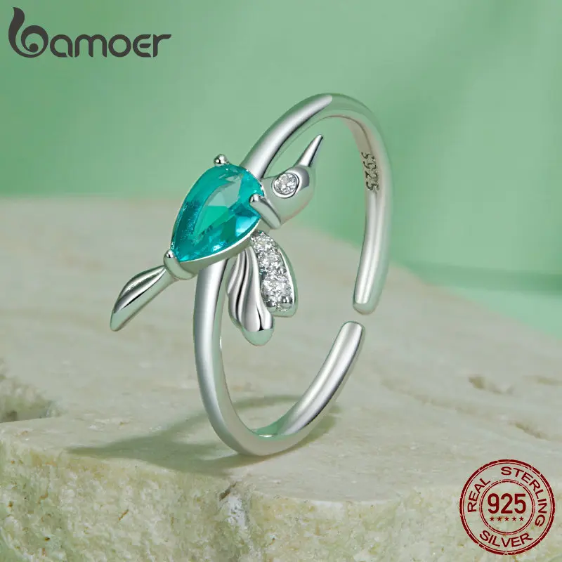 BAMOER 925 Sterling Silver Mint Green Hummingbird Opening Ring for Women Drop Crystal Cute Bird Band Party Fine Jewelry Gift