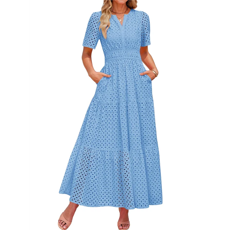 

Women's Summer Short Sleeve Maxi Dress Casual V Neck Hollow Out Eyelet Ruffle Swing A Line Long Dresses