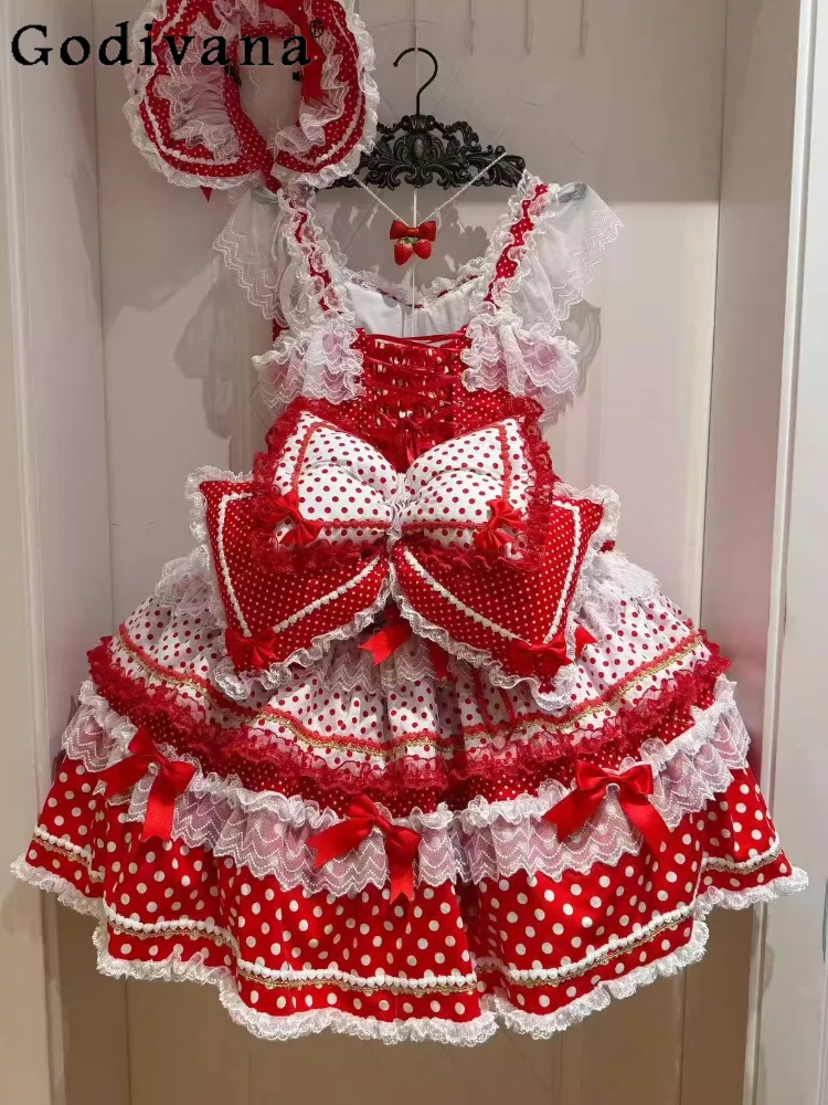 

Japanese Cute Girls Sweet Lolita Dress JSK Spring Summer New Women's Sweet Bow Lace Polka Dot Print Kawaii Birthday Party Dress