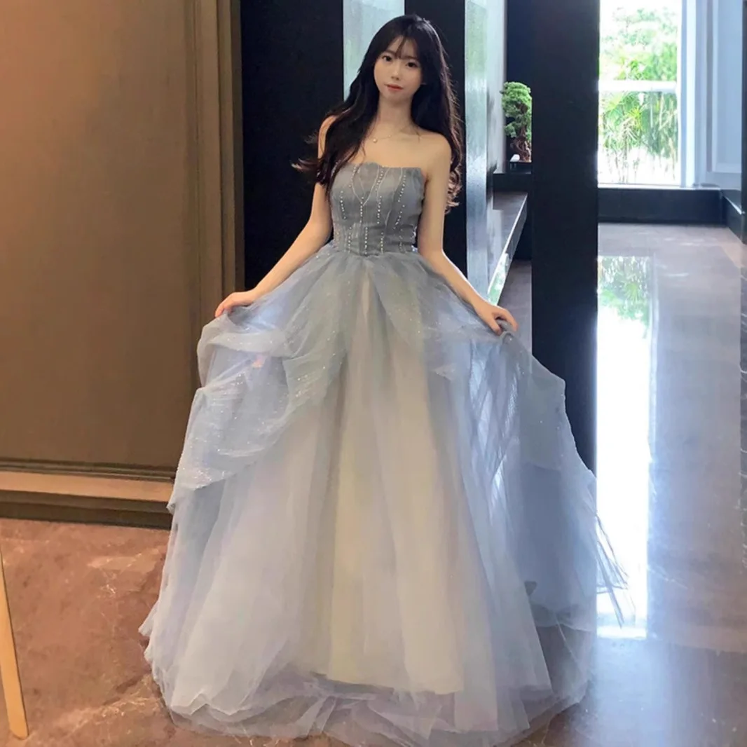 Elegant Blue Bridesmaid Dress Evening Gown with Strap Waist Control Slimming Princess Skirt for Adult Ceremony And Exam