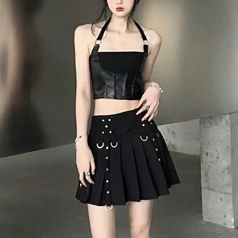 DUEWEER Rivet Cargo Skirts Women's Summer Black High Waist Mini Skirt Gothic Streetwear Jazz Dance Pleated Skirt with Shorts