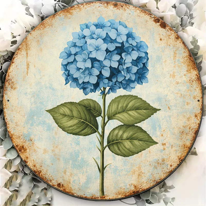 2D Flat - 1pc 8*8In/20X20Cm 2D Flat Round Aluminum Sign, Vintage Aluminum Plaque with Blue Hydrangea, Pastoral Style Floral Deco