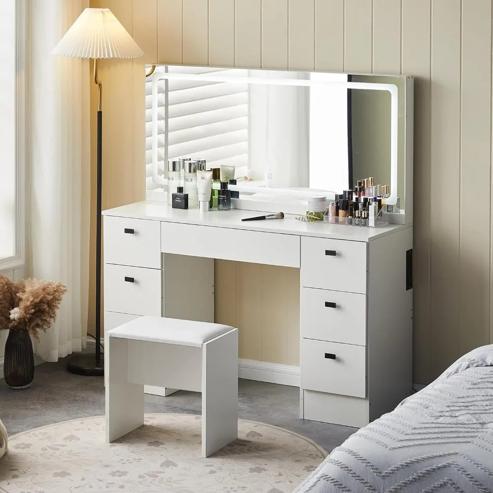 

Makeup Vanity Desk with Large Lighted Mirror, Makeup Table with 7 Drawers, Power Outlet, Touch Control 3 Color Modes