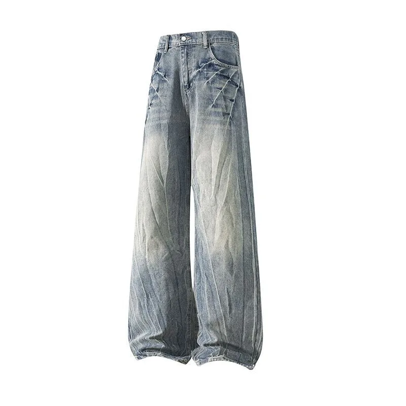Men American High Street Lightning Print Jeans Autumn Heavyweight Loose Straight Casual Long Pants