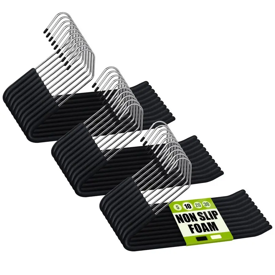 Open Ended Non Slip Sponge Padded Pants Hangers Chrome Plating Foam Heavy Duty Space Saving Black 30