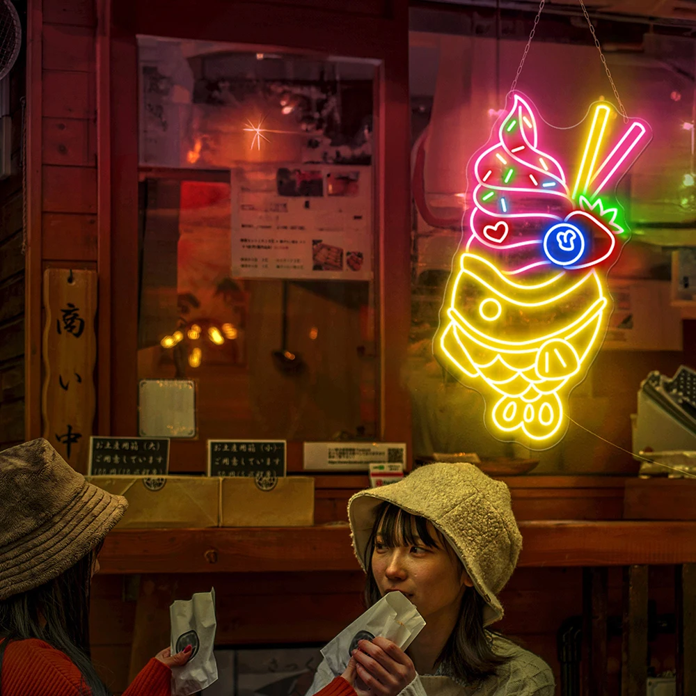 Taiyaki Ice Cream Neon Sign Sweet Japanese Taiyaki Shop Decoration Neon Light Ice Cream Sweet Bakery Store Decor Led Light