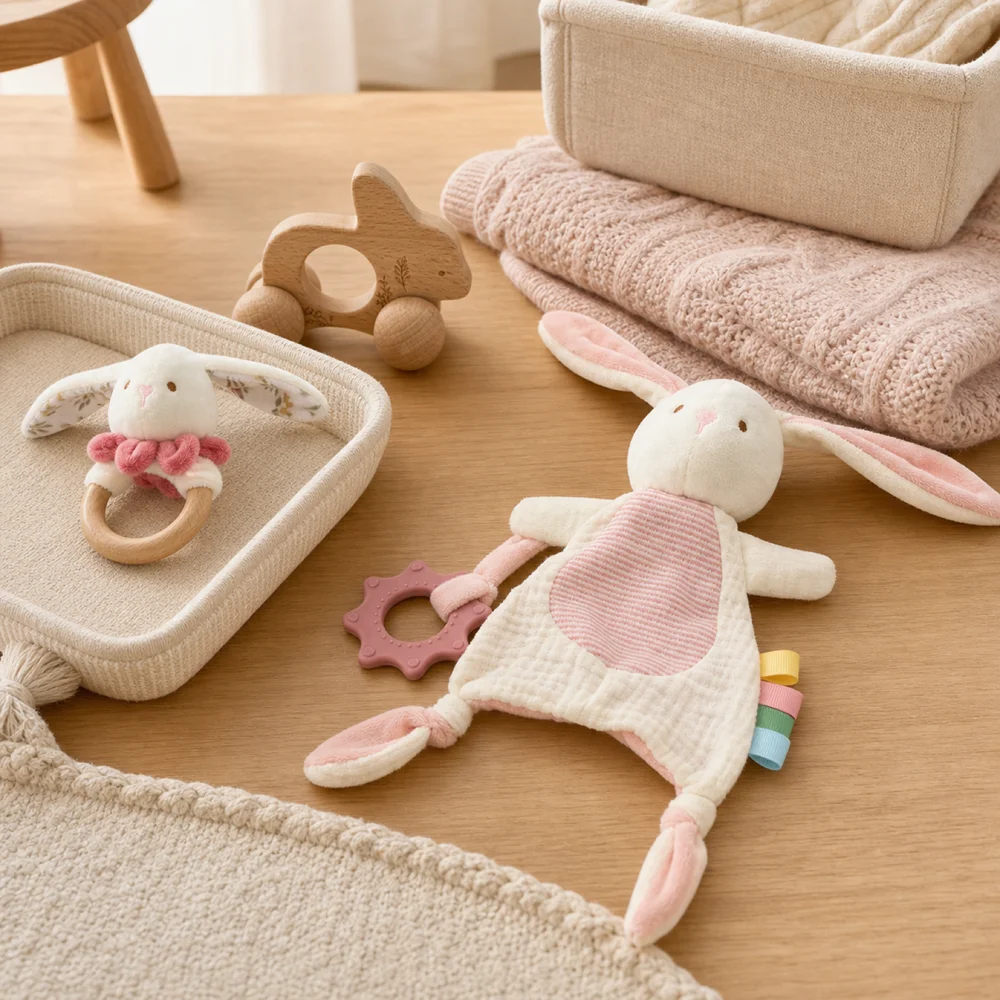 3 Piece Baby Rabbit Security Blanket Set with Wooden Ring Rattle Pull Car Silicone Teether Baby Toys Fine Motor Skills Toys