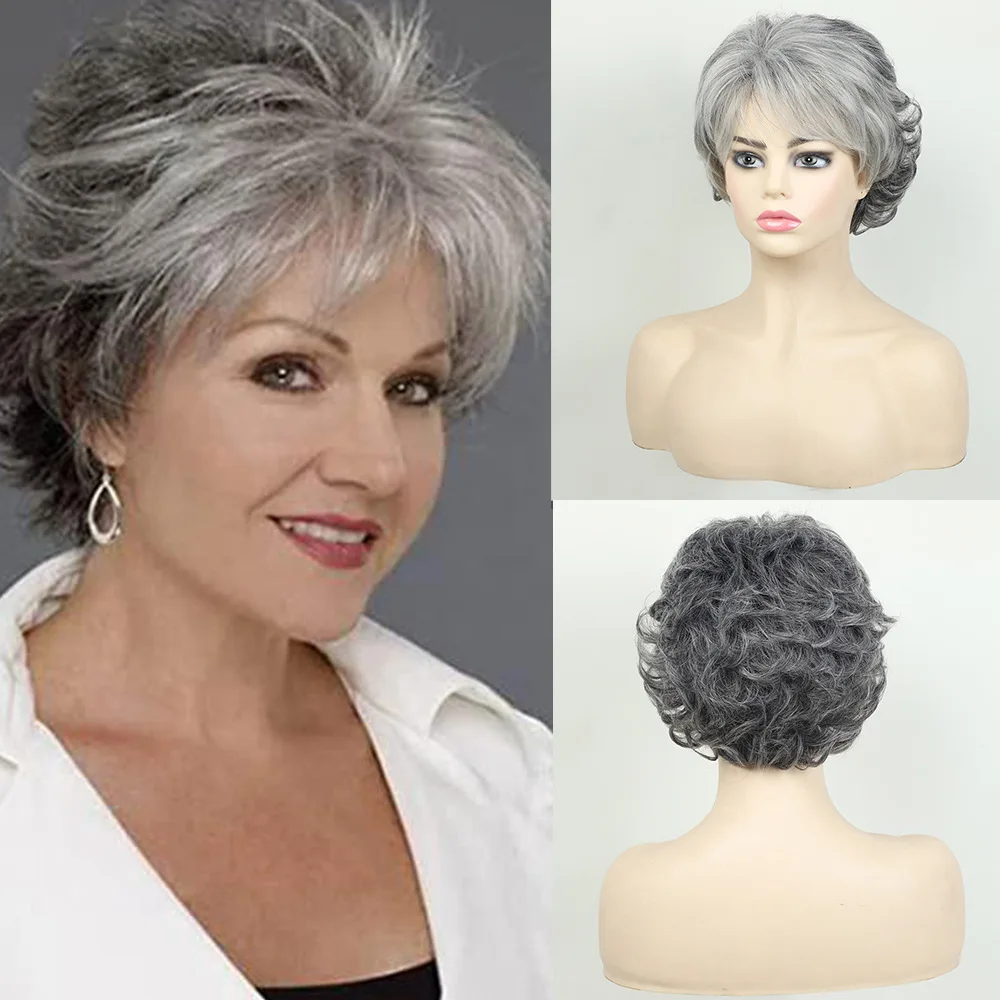 Peluca rizada corta gris plateada para mujer, fibra sintética resistente al calor, peluca para madre de mediana edad para uso diario y en fiestas