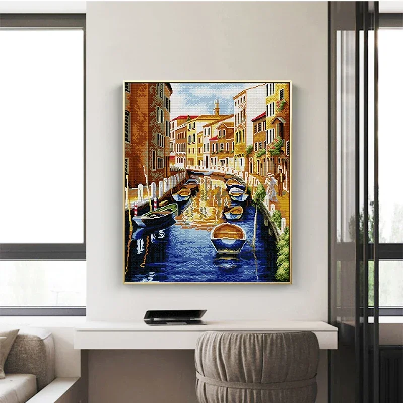 Joy Sunday Venice Water City HD Pattern Cross Stitch Kit Printed Counted Fabric Aida 16/14/11CT DIY Embroidery Set Art Crafts
