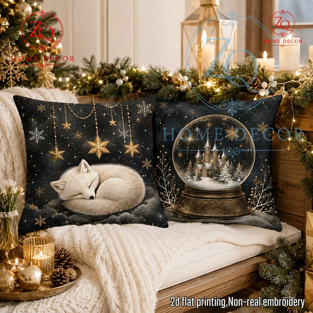 Black  gold Christmasthemed sleeping white fox snowflake pillowcase retro  luxurious bedroom st furnishing mosphere cushion