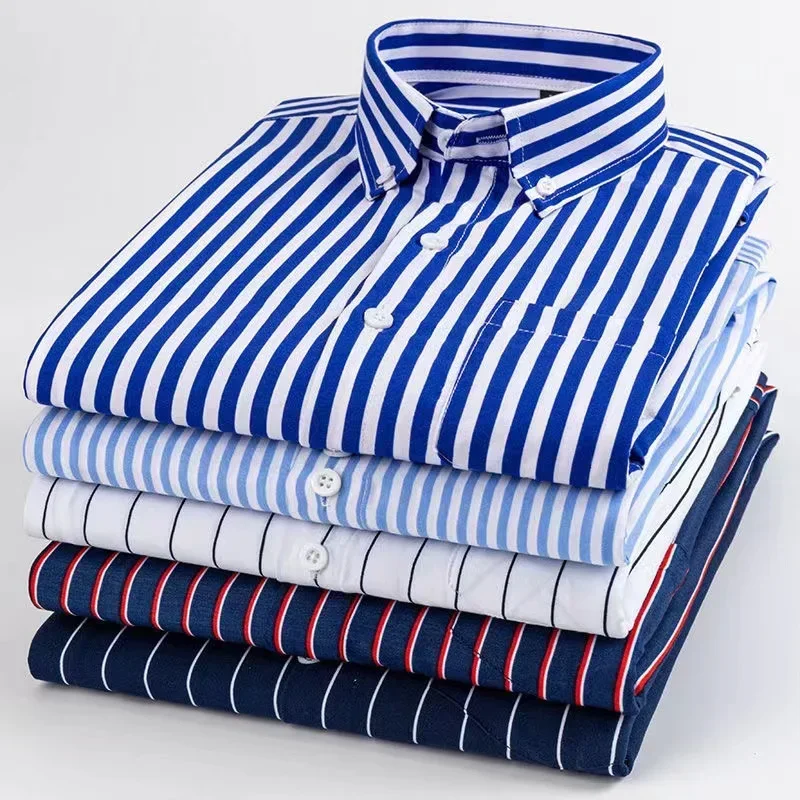 Camisa de manga comprida listrada masculina, combina tudo, slim fit, moda coreana, preta, estampa azul, sem ferro, casual, vestido de negócios