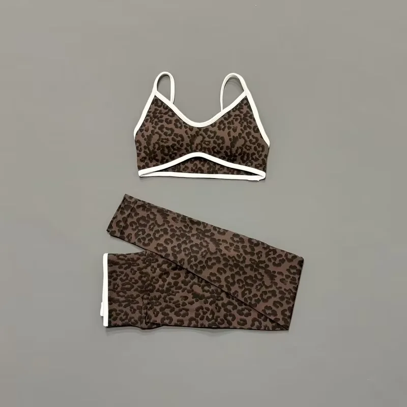 2 Pcs Fitness Sets Women Leopard Print Contrast Edge Removable Pad Bra Breathable Squat Proof Pants Suit Sports Workout Set