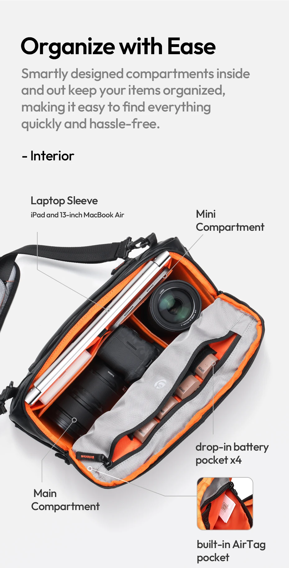 Ulanzi SU02 13L Umhängetasche für Kameras, Objektive, Laptops, Reisen, Schultertasche, Handgepäckhülle mit abnehmbarem Trennwand – Detail 6