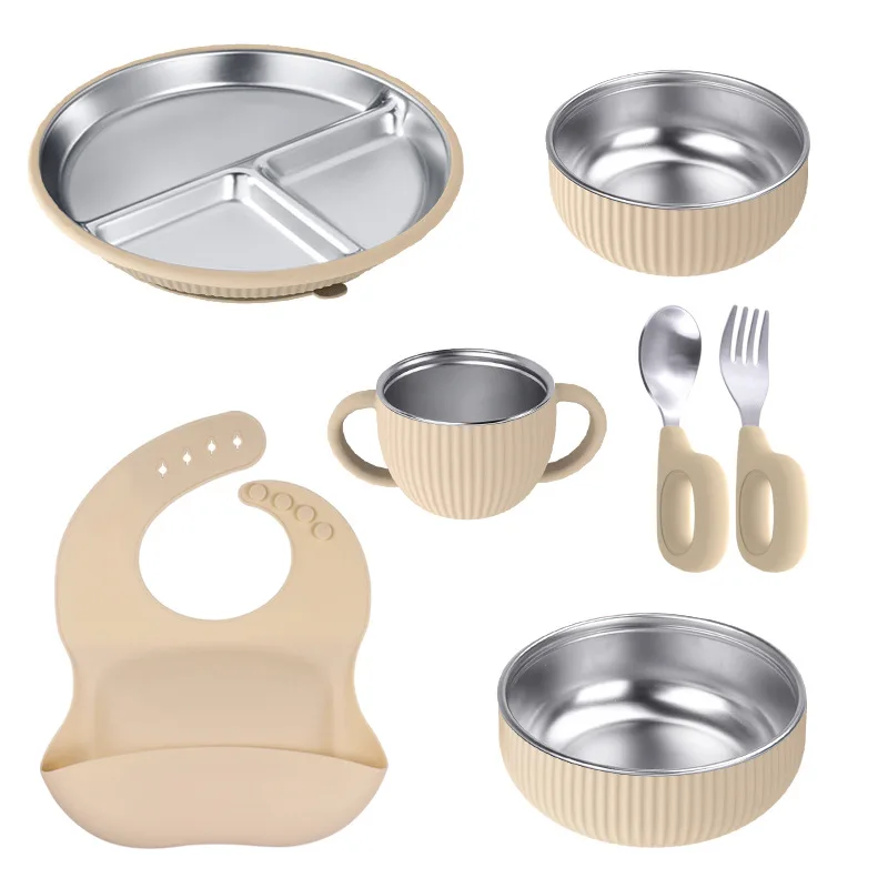 3PCS Stainless Steel Dishes Plate Baby Feeding Bowl Detachable Suction BPA Free Silicone Training Fork Spoon Baby Newborn Items