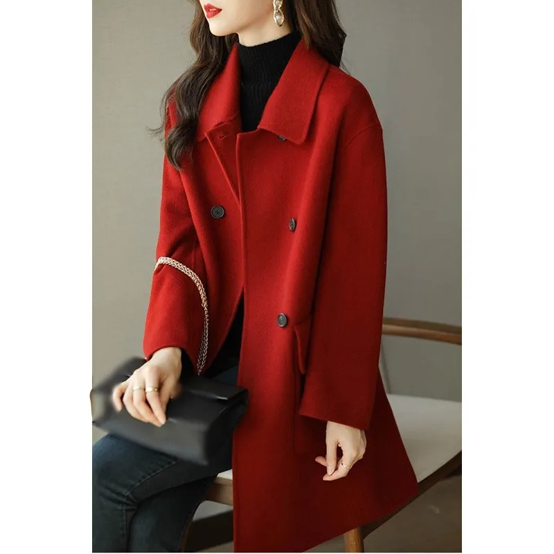 Autumn Women Coat Lapel Double Breasted Trench Coat Flap Pockets Thermal Jacket Mid-length Thickened Overcoat Warm Winter Jacket