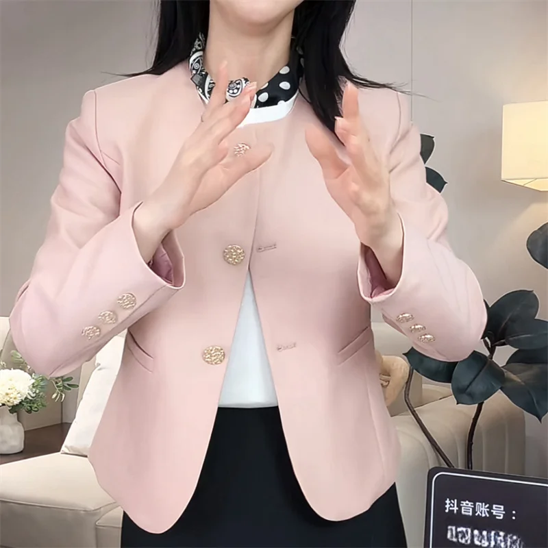 Spring Autumn Small Fragrance Style Coat Fashion Round Neck Suit Coat Women Short Slim Collarless Pink Black Khaki Suit Jacket