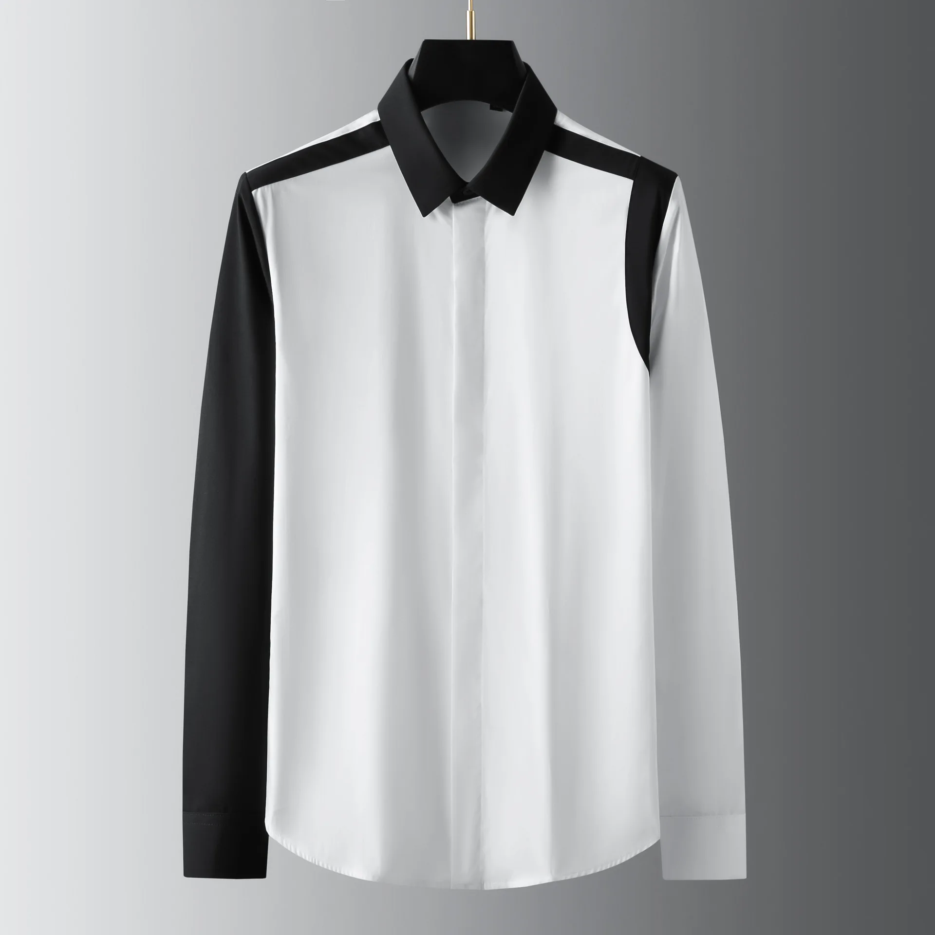 European and American trendy men's new geometric black and white spliced long sleeved shirt slim and fashionable