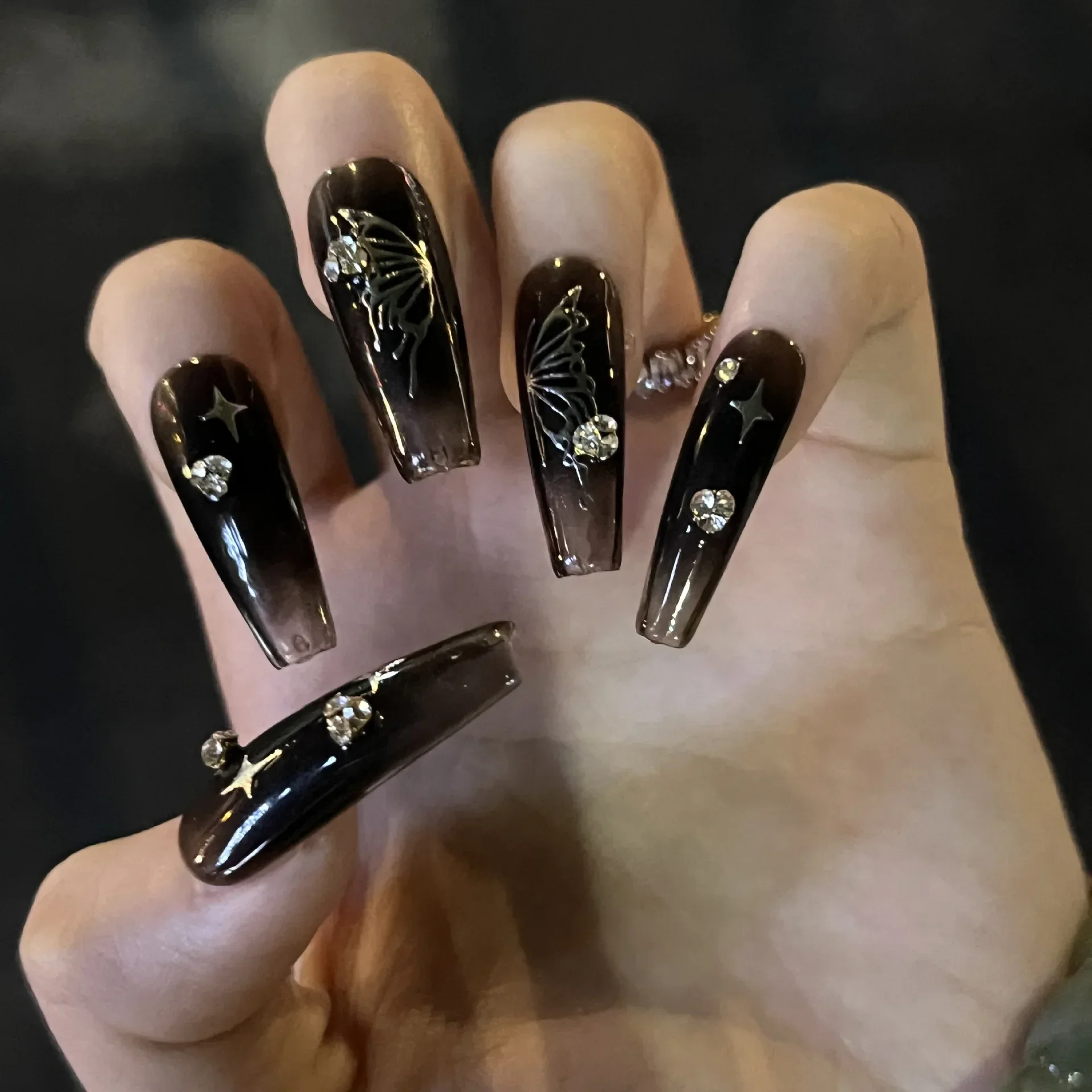 Uñas postizas cuadradas largas negras con purpurina Sexy, lentejuelas en polvo, degradado, arte de uñas postizas, acabado desmontable, presione en las uñas con pegamento