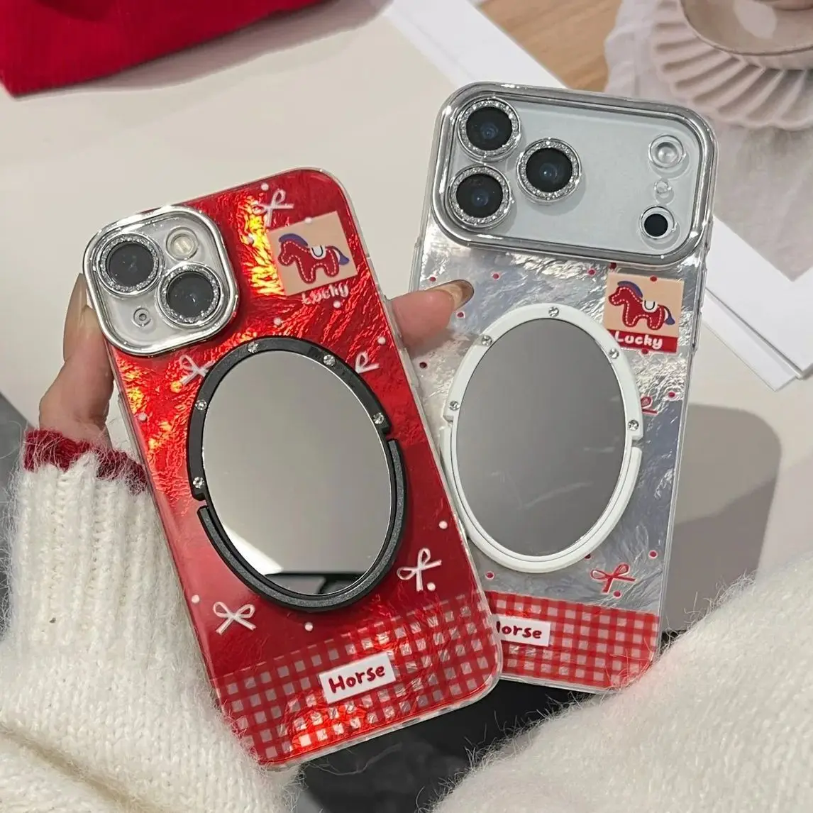 

For iPhone 16 17 Pro 15 14 13 12 Pro Max Case Mirrow Stand lucky horse bowknot cute phone cases cover