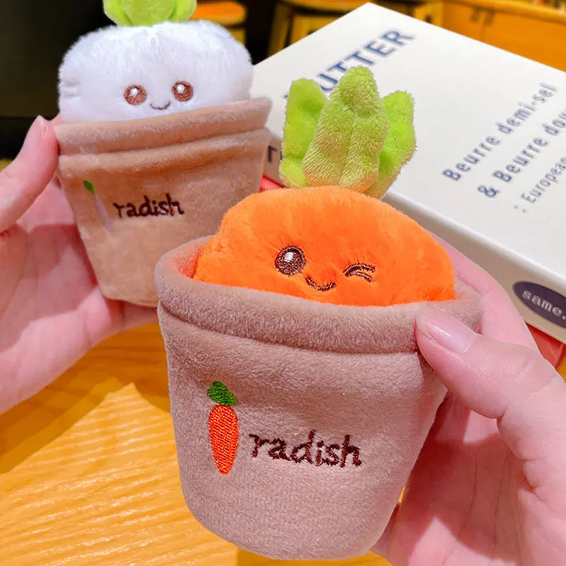 Creative Interesting Potted Radish Keychain Cartoon Plush Carrot Tabletop Ornament Keyring Cute Vegetable Doll for Backpack Gift