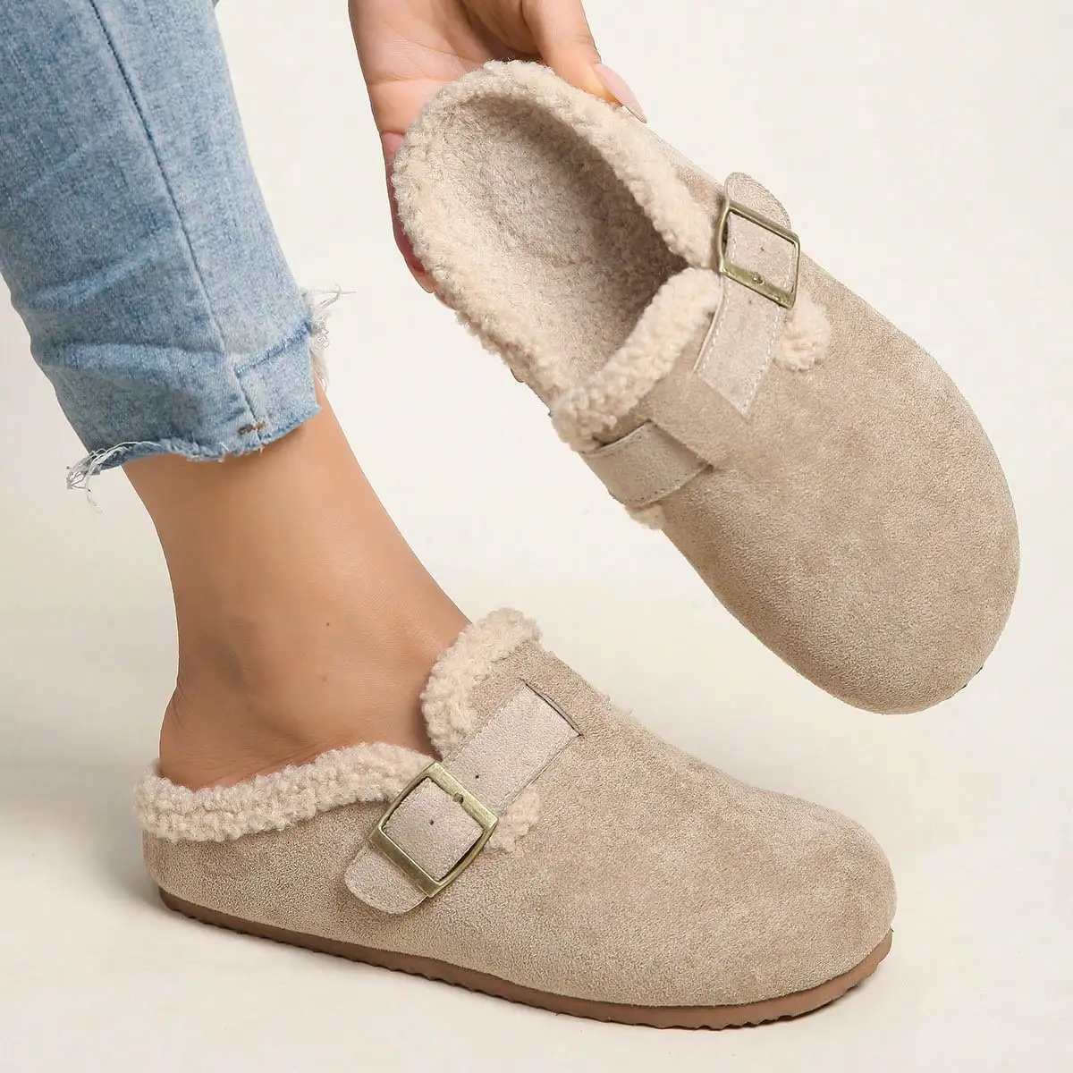 Women's Faux Shearling Lined Mule Slippers, Suede-Like Buckle Strap Clogs, Fall Winter Indoor Outdoor Essentials.sx260526083419741022060