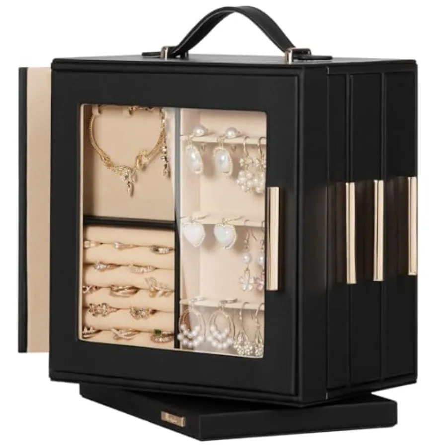 Jewelry Box 360 Rotating Necklace Earring Organizer with Transparent Window Mirror 7 Drawers Large Ring Display Storage Case f