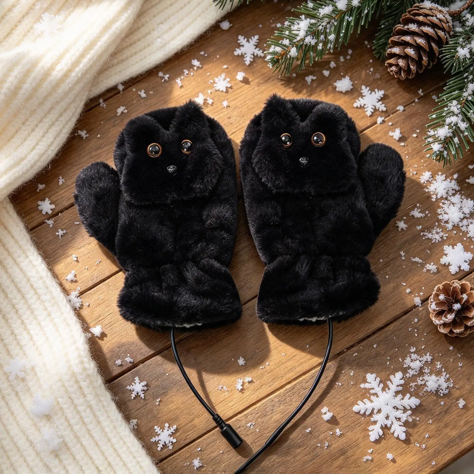 Heated Gloves For Men Soft Plush Warm Funny Washable Hand Warmers Black Cat Heated Winter Gloves For Mom Wife Adults Kids Home