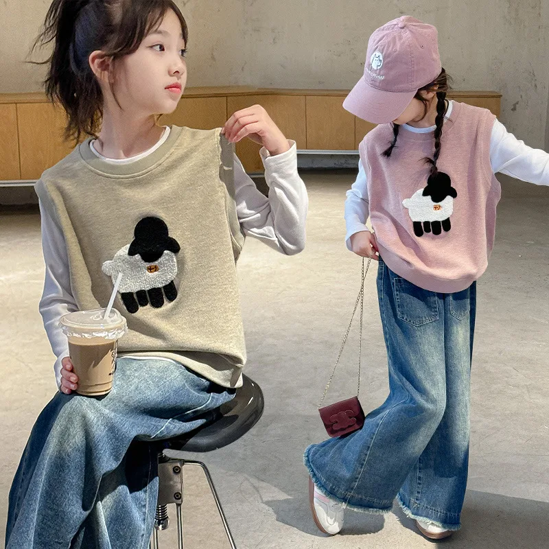 

2025 Spring Autumn School Girl 3PCS Set Children Girl Long Sleeves Shirt+Cartoon Sheep Knitted Vest+Denim Pants Kids Girls Sets