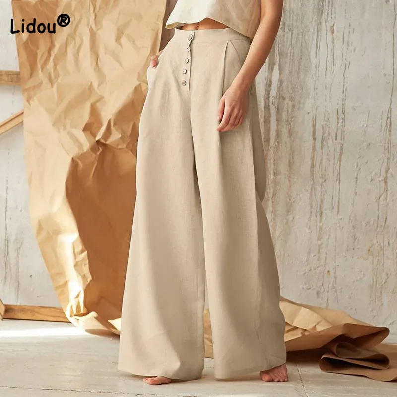 

Cotton Linen Splicing Pockets High Waist Wide Leg Women Pants Autumn New Casual Solid Single-breasted Loose Mopping Trousers