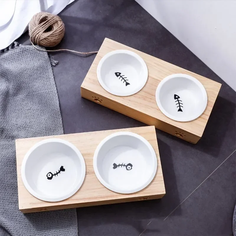 

Bamboo cat bowl, ceramic pet bowl, solid wood pet dining table, drinking dog bowl