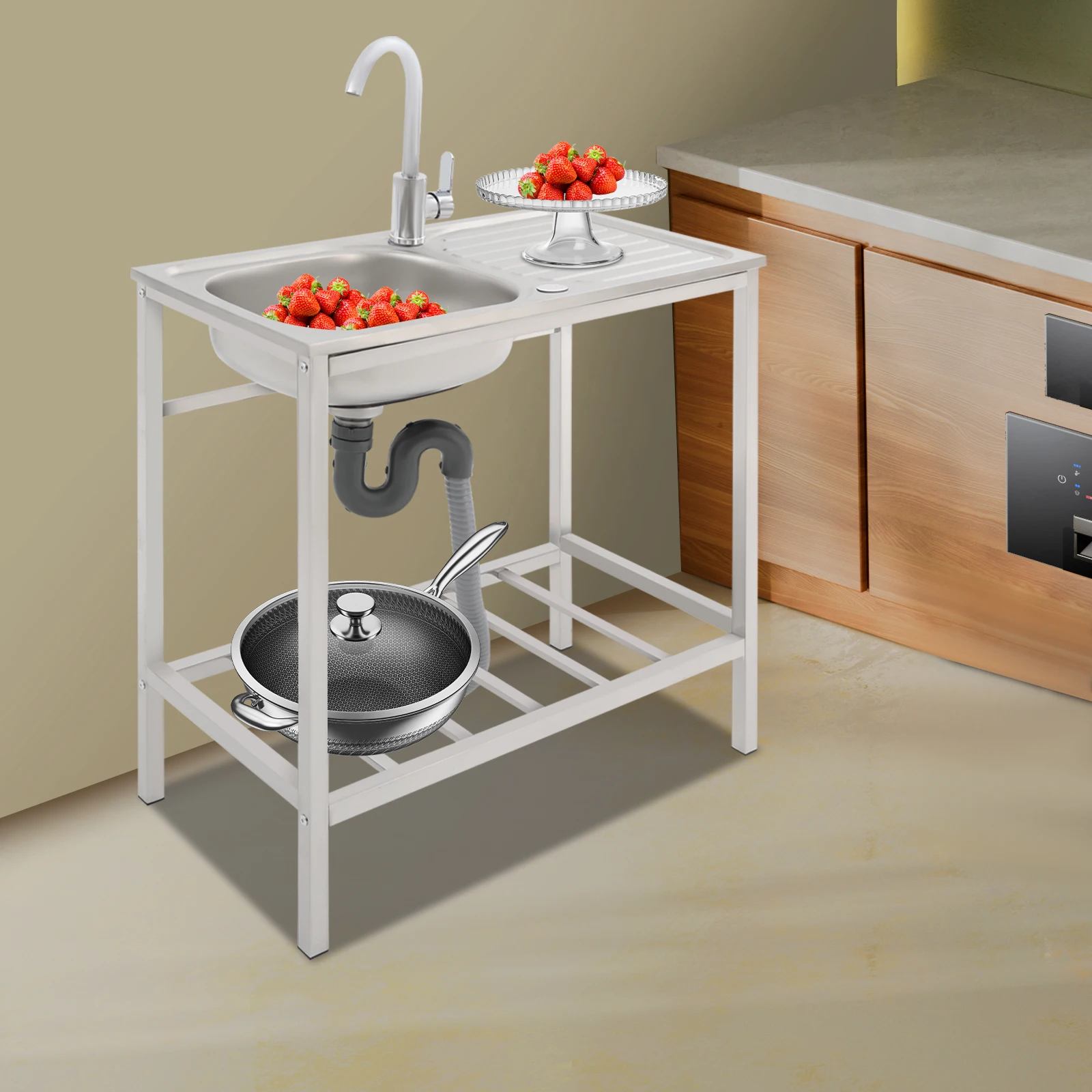 Large Single Basin Kitchen Sink, 29.5x29.5x15.7 Inch Freestanding Sink with Countertop & Lower Storage Shelf, Modern Rectangular