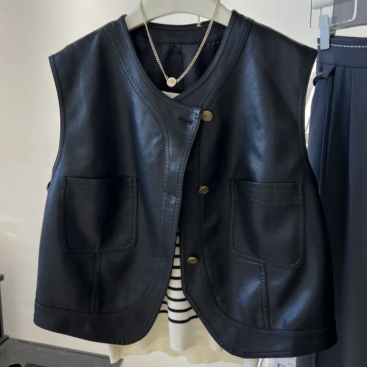 

Korean Leather Vest Women Coat New Fashion Spring Autumn Casual Sleeveless Wild Blazer Waistcoat Jacket Ladies Tops